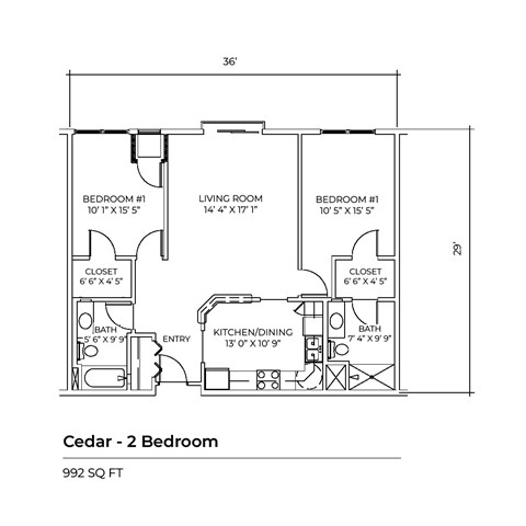 Floor plan for 2 beds, 2 baths, 992 sqft